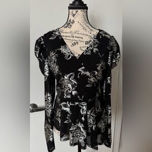 Venus Puff Sleeve Asymmetrical Black and Metallic Silver Floral Blouse
